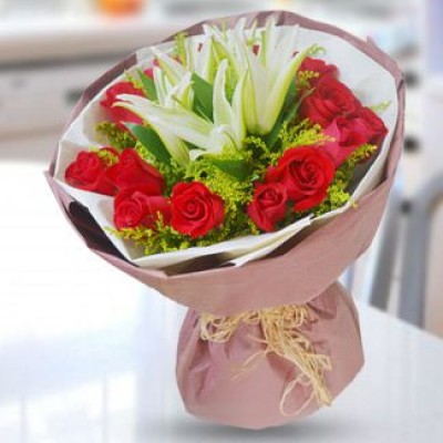 Bunch of 12 Red Roses & 2 stems of White Lilies Bouquet with greens in nice wrapping Share to Smile