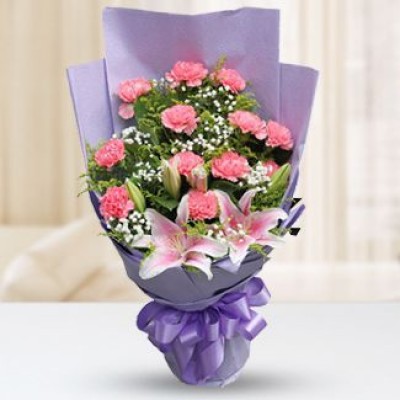 Bunch of 12 stalks pink carnations and 3 stems of pink lilies, baby's breath and green in nice wrapping (As Image) Pink Love