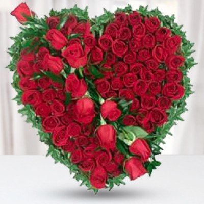 Heart Shape Arrangement of 75 Stems of Red Roses with greens (As Image) Honeymoon Special