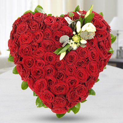 Heart shape arrangement of 50 red roses with greens (As Image) Queen Of My Heart