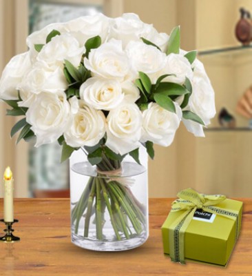 Bunch of 20 White roses with 250 gms Patchi Chocolate Passionate Love