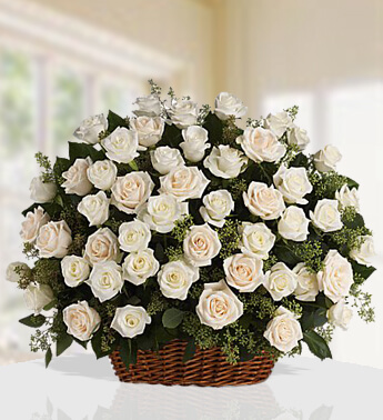Basket with 40 Stem of White Roses with fillers Kiss Of The Rose