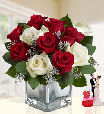 Bunch of 7 Red and 4 white roses with greens and gyspophillia in a cube glass vase Truly Magic