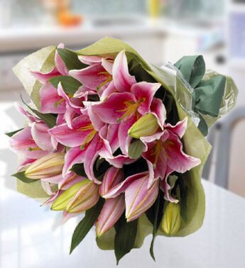 Bunch of 5 stems of Pink Lilies with fillers in a nice wrapping paper. Stargazing Beauty