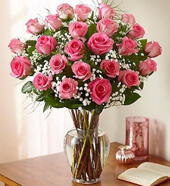 24 Pink Rose in a glass vase. Youthful Charm