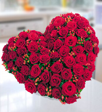 Heart Shape arrangement of 60 Red Roses with cherries Precious Heart