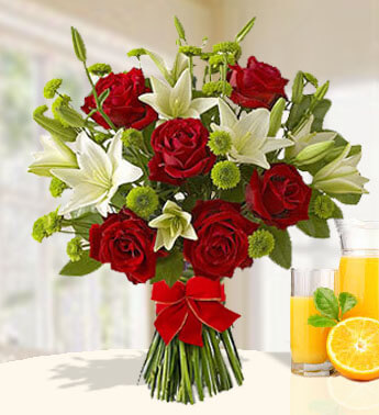 Bunch of 6 Red Roses , 2 stems of Green Chrysanthemums & 5 stems of White lilies in nice wrapping Loving Lilies