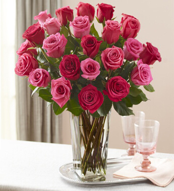 12 Pink and 12 Red Roses in a glass vase. Beautiful Choice