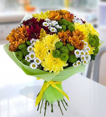 Bunch of 3 Stems each of White , Green ,Yellow, Red and Orange Chrysanthemums in nice wrapping Golden Autumn