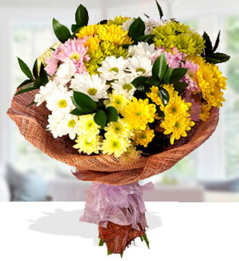 Bunch of 3 stems of Pink Chrysanthemums,3 stems of Yellow Chrysanthemums & 3 stems of White Chrysanthemums in nice wrapping Chrysanthemums Bouquet