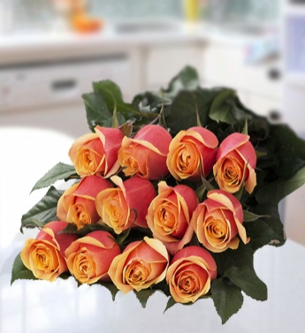 Flat Bunch of 12 Orange Roses in nice wrapping. Forever Beloved