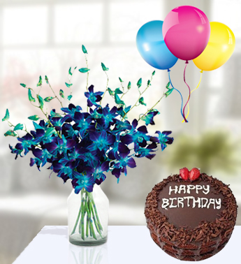 Bunch of 10 Blue Orchids in a glass vase , 1 Kg Chocolate Cake and 3 Latex Balloon Dramatic Birthday Combo