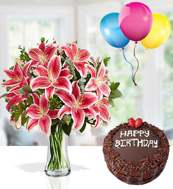 Bunch of 5 Stems of Pink Lilies with 1 Kg chocolate Cake and 3 Latex Balloon Charming Combo
