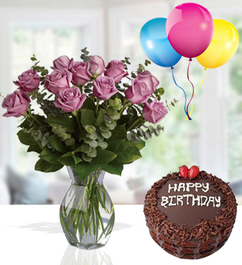 Bunch of 20 Purple Roses with fillers with 1 kg chocolate Cake and 3 Latex Balloon Sugar Surprise
