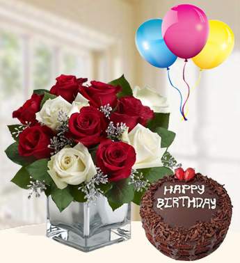 Bunch of 7 Red and 4 White Roses , 1 kg Chocolate Cake , 3 Latex Balloon Truly Magical Combo