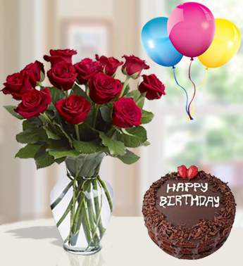 Bunch of 12 12 Red Roses with fillers with 1 Kg Chocolate Cake and 3 Latex Balloon Fresh Love Surprise