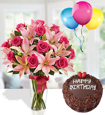 Bunch of 6 stems of Pink Lily, 14 Pink Rose with fillers with 1 Kg chocolate cake and 3 Latex Balloon Magnificient Birthday Combo
